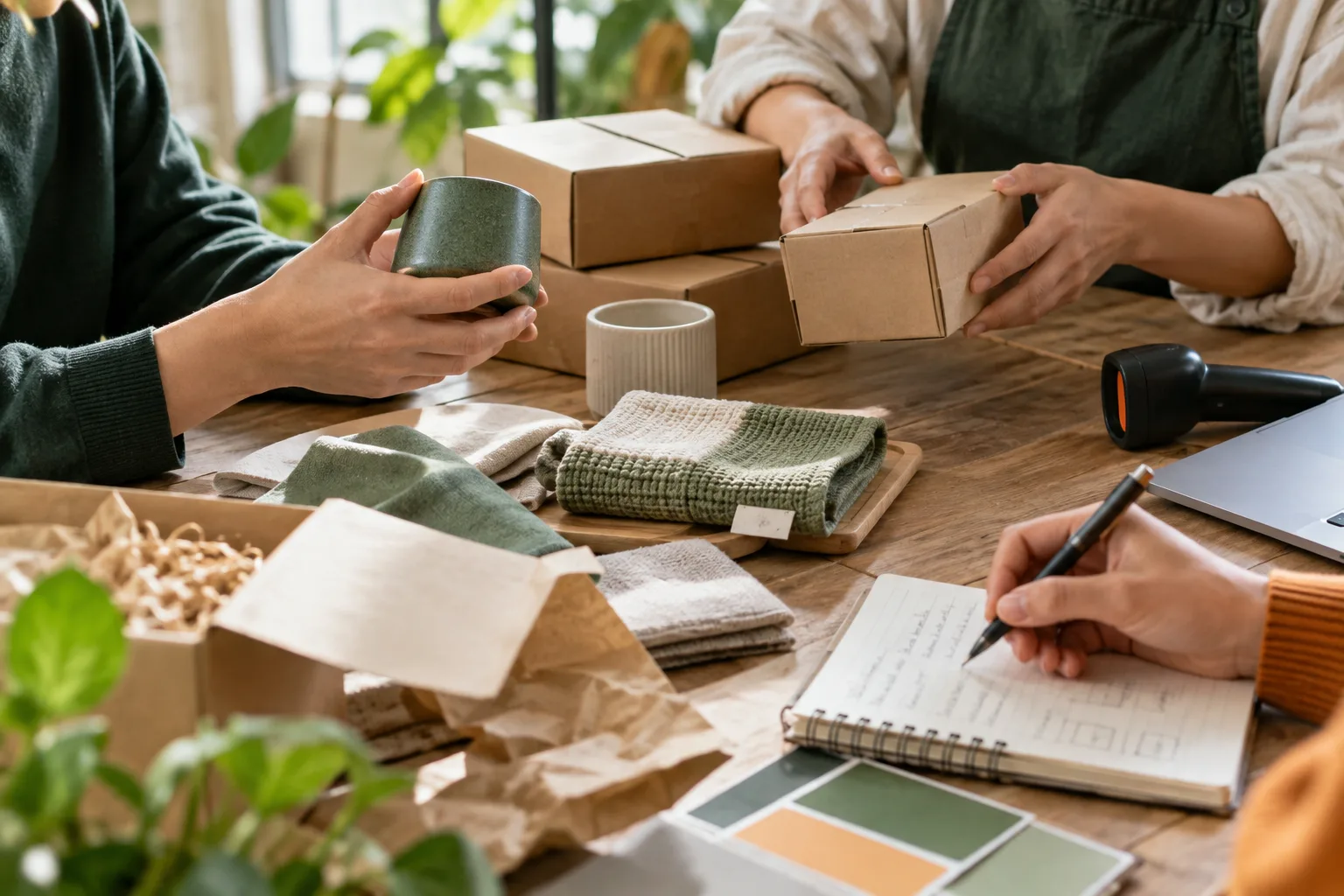 围绕商品样品和包裹讨论业务流程的场景示意
